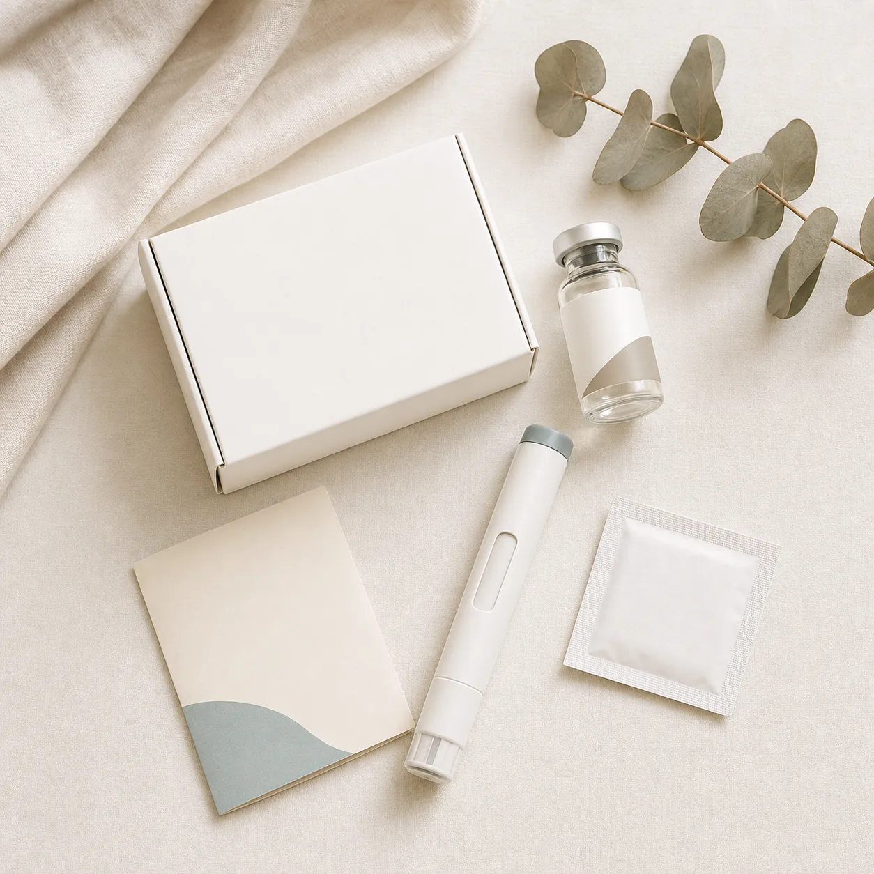 A discreet Peptide Fairy shipment: unbranded box, medication vial, injection pen, alcohol swab and instruction card